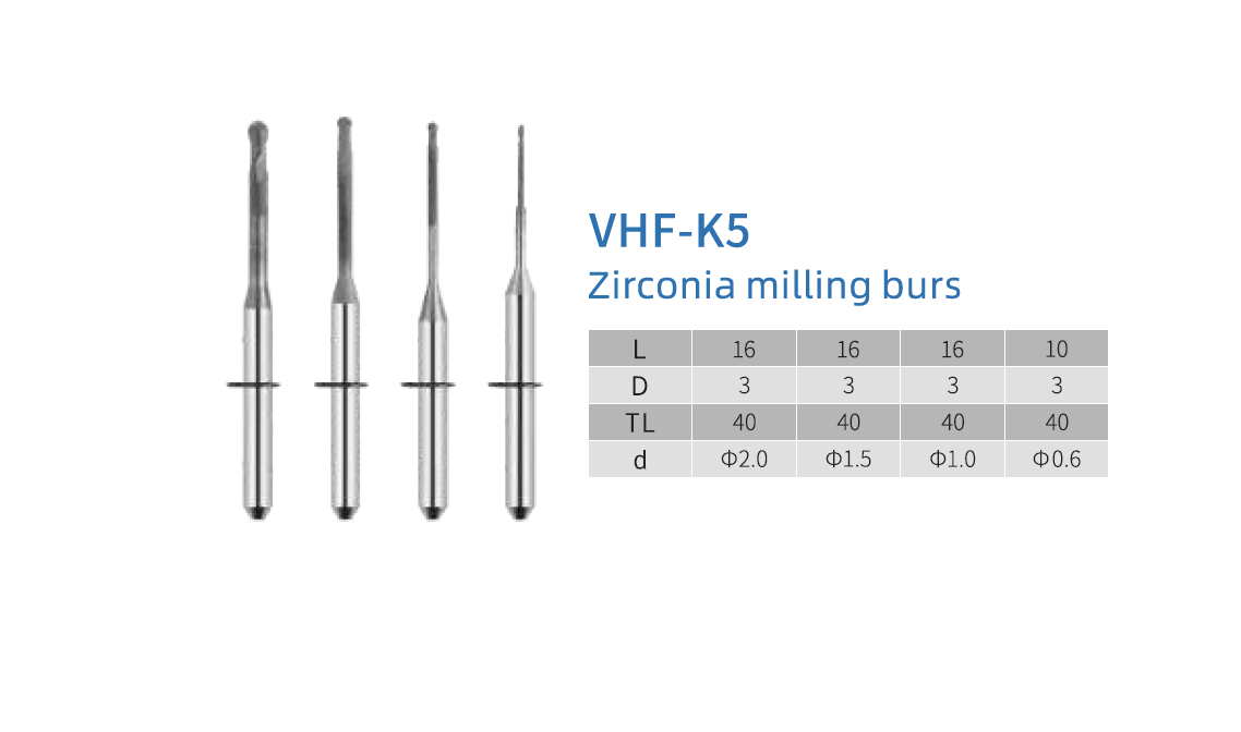 Фреза для диоксида циркония VHF K5 (1.0 mm, L-16 mm, сферическая, цанга 3 мм)