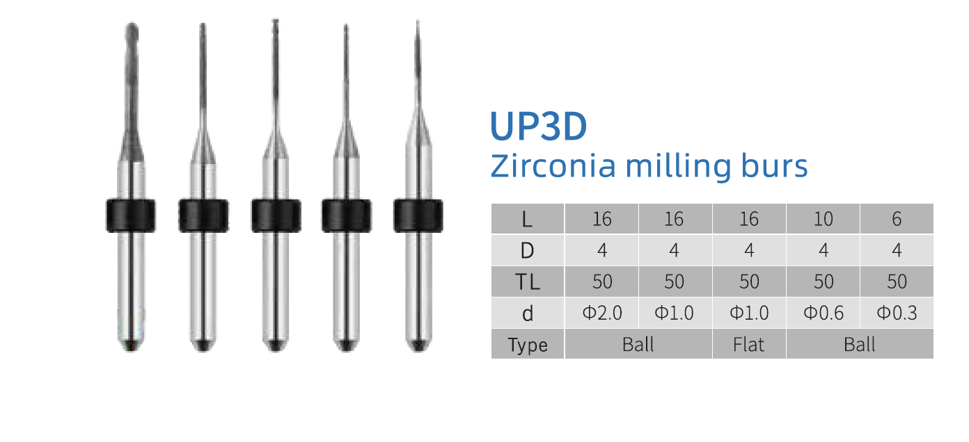 Фреза для диоксида циркония UP3D (0.6 mm, L-16 mm, сферическая, цанга 4 мм)